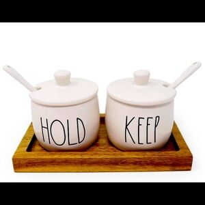 Rae Dunn CONDIMENT  HOLD KEEP & Wooden holder